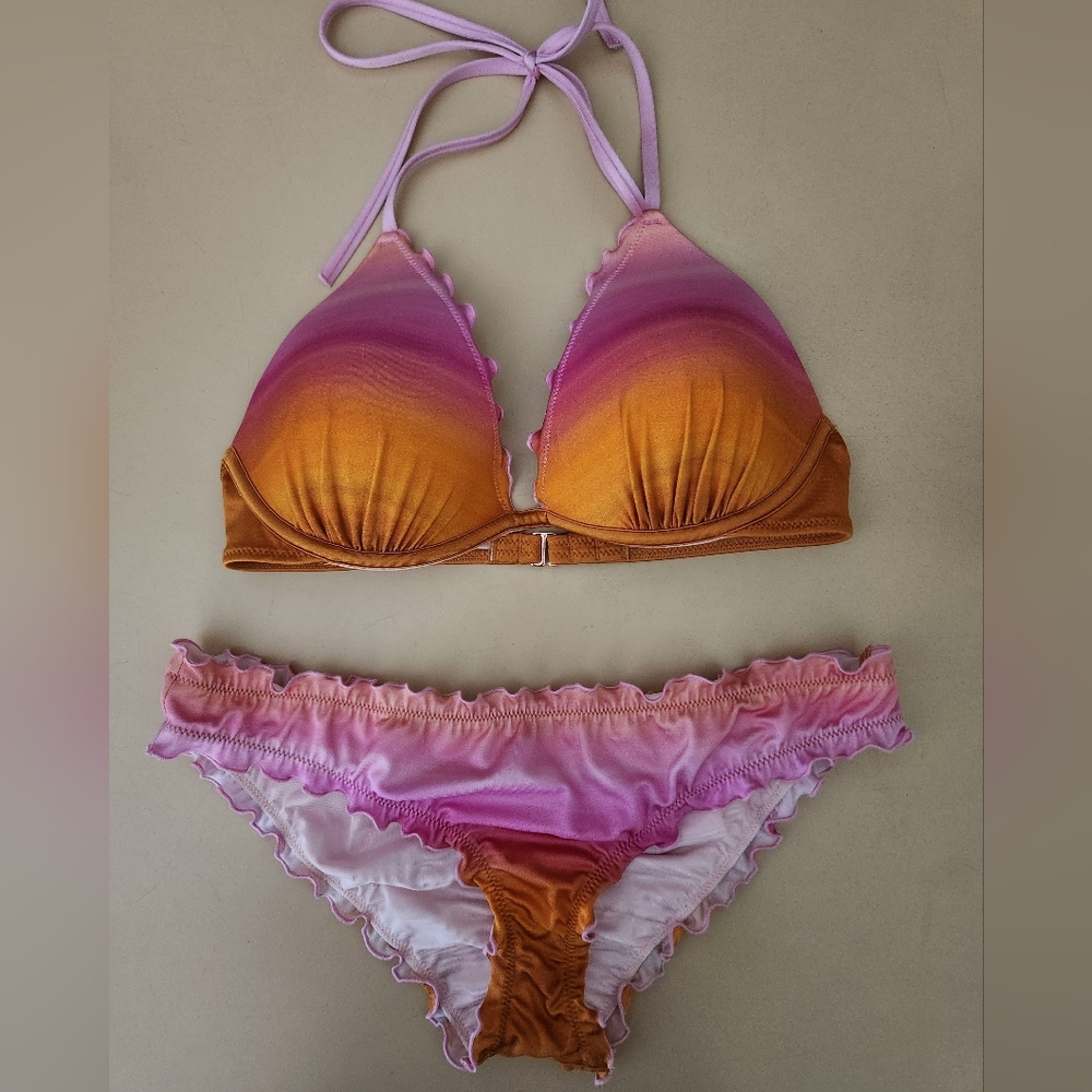 Shade & Shore Pink and Bronze Push-Up Bikini with Ruffled Edges